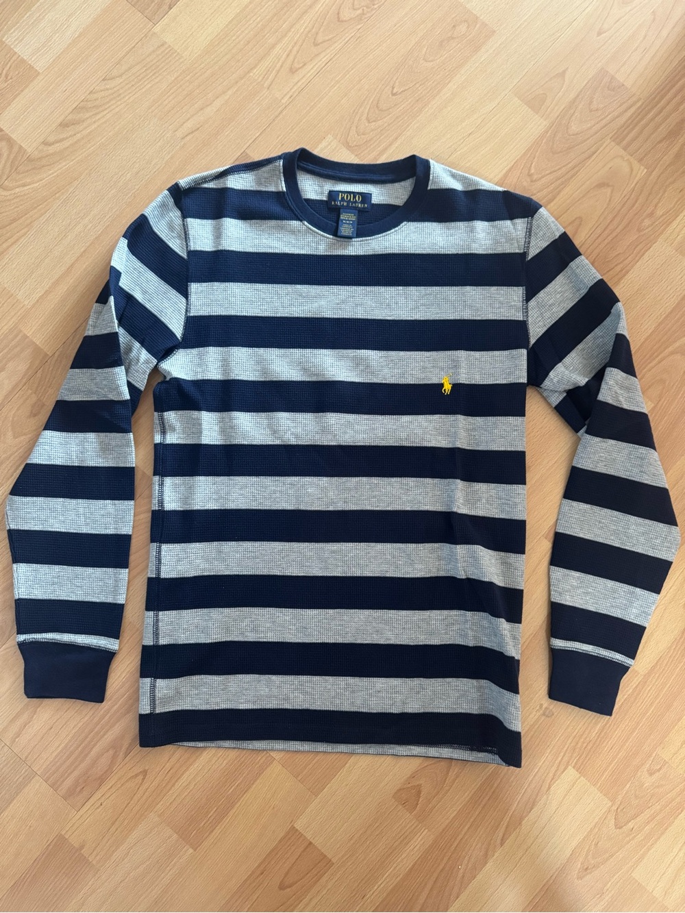 Polo by Ralph Lauren Navy & Gray Stripe Long-Sleeve Crew with Yellow Pony